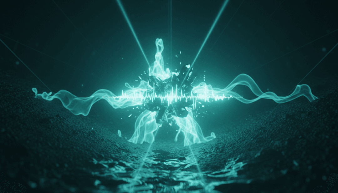 Visualizzazione astratta di onde sonore e ritmi deep house che si fondono con algoritmi AI, rappresentando freebeat.ai che interpreta Audacity di Hyunji-A.