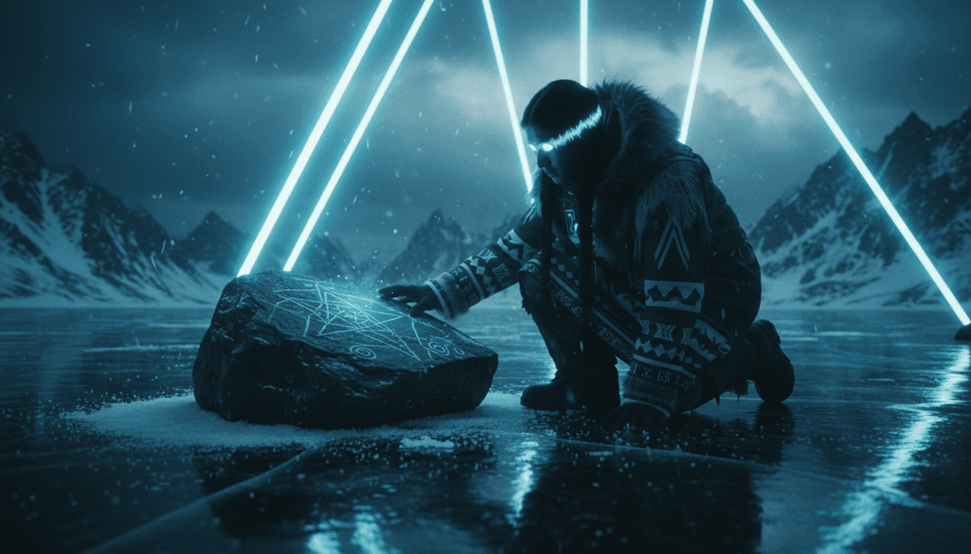 ディープハウスとテクノ音楽を反映した抽象的なビジュアル、渦巻く光、未来的なパターン、「132 TECHNO」の本質を表現。