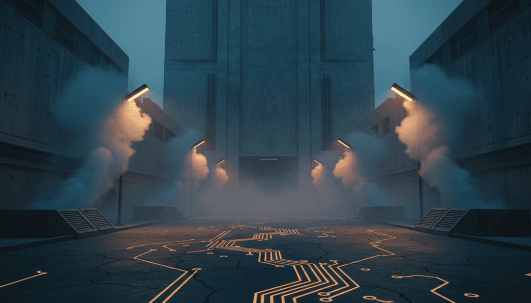 AI系统分析嘻哈曲目的复杂音频波形，显示与节奏、旋律和人声强调相关的数据点，暗示城市街景和动态能量。