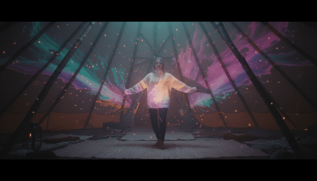 'How To Be Human'에서 영감을 받은 장면을 보여주는 완성된 뮤직 비디오 화면, freebeat.ai 로고가 두드러지게 표시되어 사용자들이 자신만의 영상을 만들도록 유도합니다.