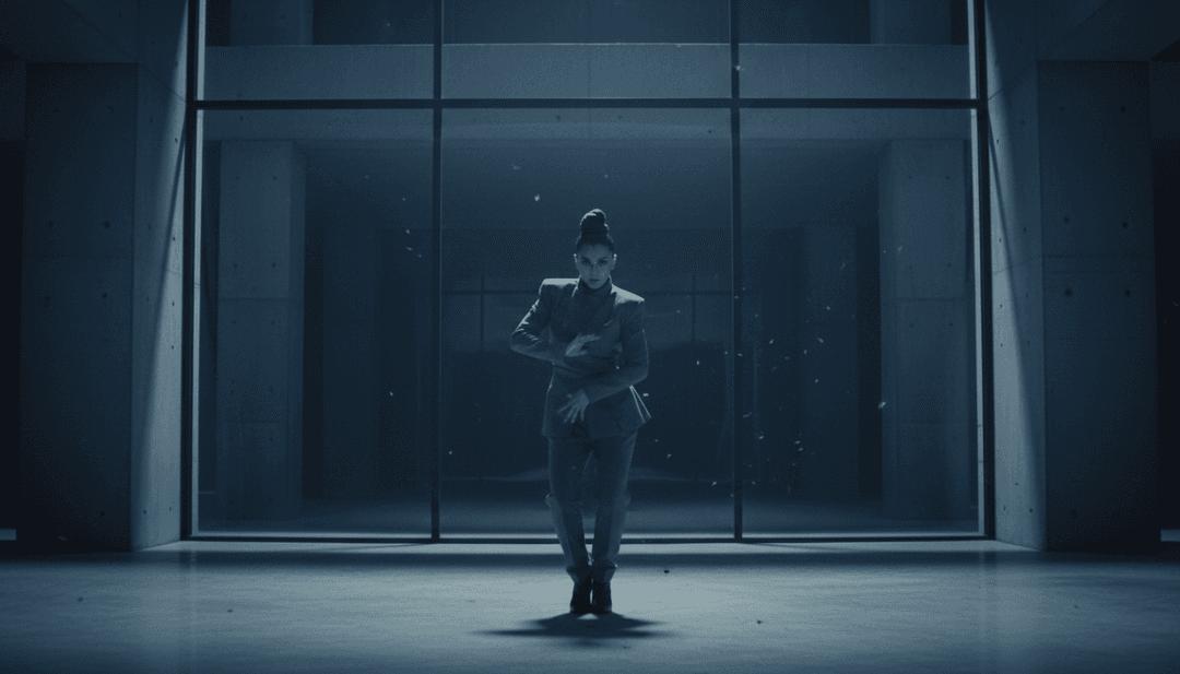 LUJAINの「Oblivion」の完成したミュージックビデオが画面で再生され、周囲には音楽歌詞のテキストオーバーレイとAIツールが表示されている様子。