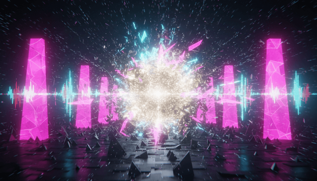 Visualizzazioni dinamiche di particelle luminose, figure di danza astratte e paesaggi urbani in mutamento sincronizzati con un vivace ritmo synth-pop, che illustrano una conversione da MP3 a MP4.