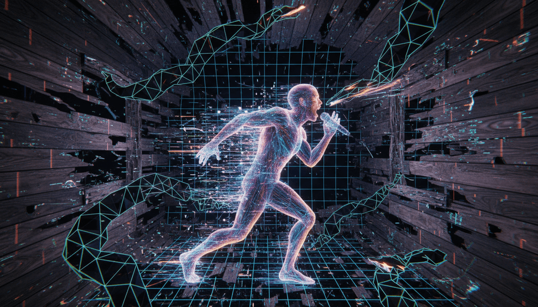 Dynamische Visualisierungen, die die Umwandlung von Solence's 'Monsters In My Head' Gitarrenriffs in gezackte, metallische Scherben und elektronische Beats, die sich in leuchtende digitale Pfade innerhalb eines Musikvideos verwandeln, illustrieren.