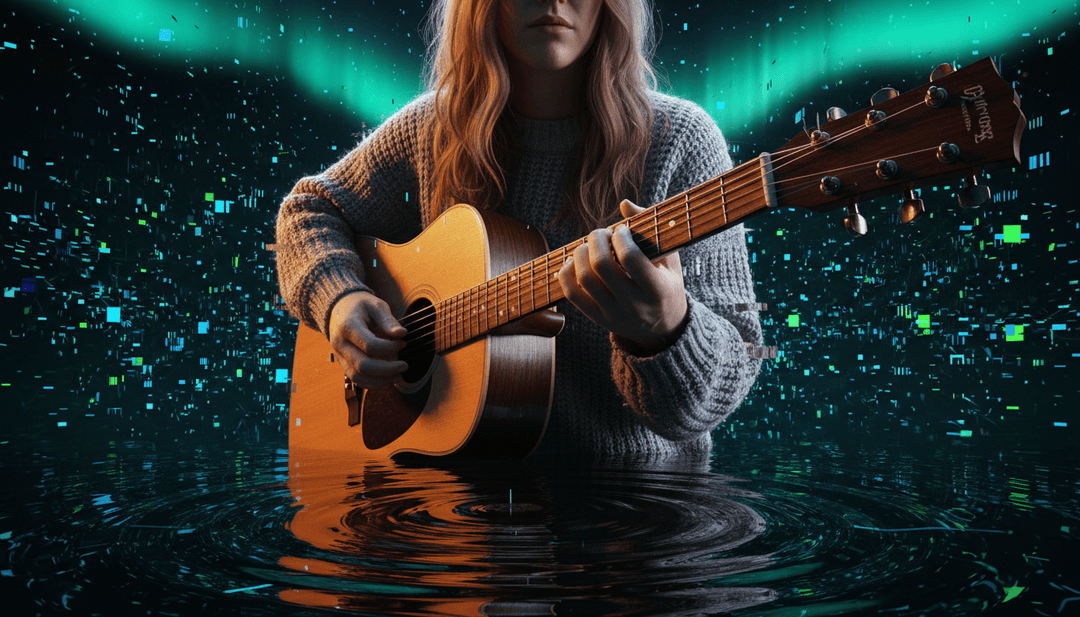 IA analisando o clima e as letras da canção folk de Harriet Nauer "Murky Waters", visualizando ondulações suaves e imagens reflexivas.