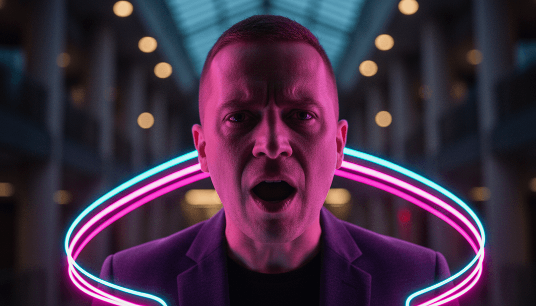 Uma tela dividida mostrando Patrik Jean performando "Up All Night" de um lado e um videoclipe dinâmico gerado por IA do outro, com um botão "Crie o Seu Próprio".