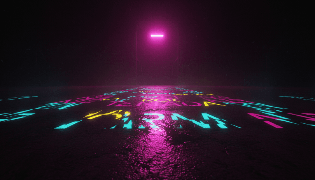 IA analizando formas de onda de hip-hop, visualizando un paisaje urbano dinámico con luces de neón y escenas urbanas, reflejando 'Here We Go Again' de Chy Cartier y Lil Yachty.