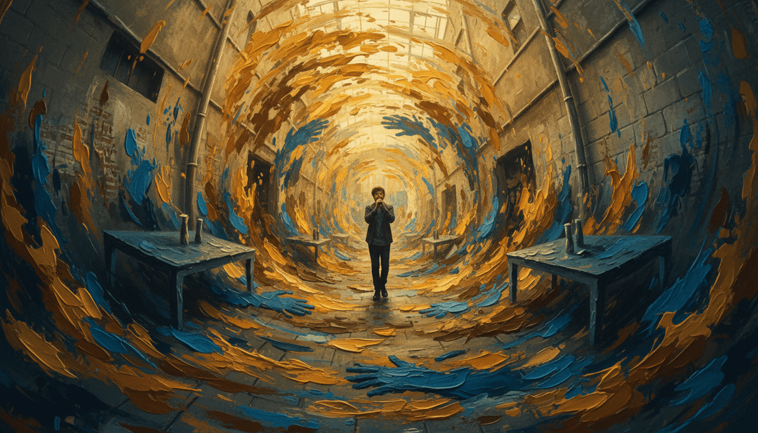 Ein Musiker betrachtet sein neu generiertes KI-Musikvideo auf einem Bildschirm, wirkt ermutigt und kreativ.