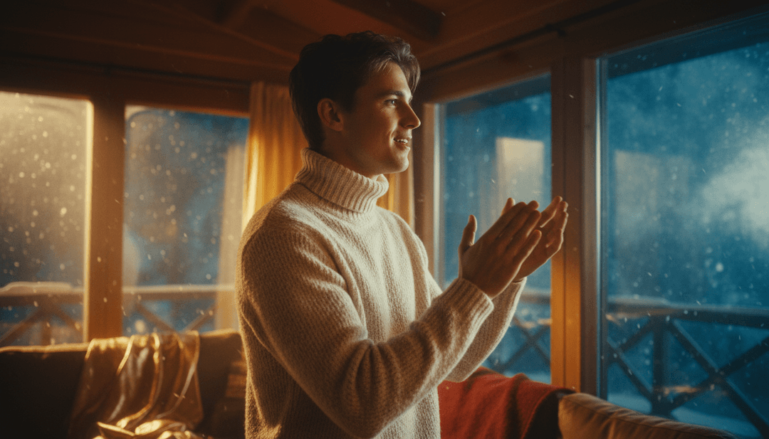 शांत एकॉस्टिक गिटार और Peder Elias के स्वरों के साथ सिंक्रनाइज़ किए गए एनिमेटेड दृश्य, गिरती बर्फ और गर्म इनडोर सेटिंग्स के साथ एक आरामदायक क्रिसमस दृश्य दर्शाते हुए।