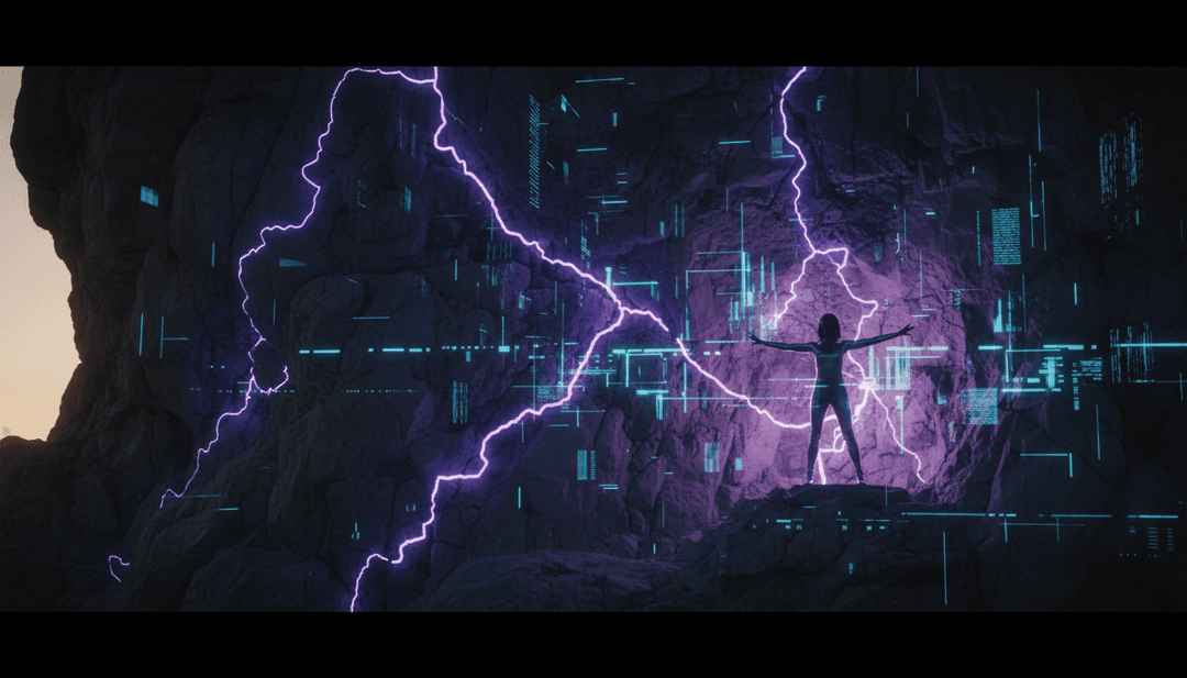 Representação visual abstrata de pulsos de música eletrónica de dança e campos de energia vibrantes fluindo e entrelaçando-se.