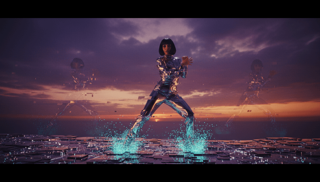 Um vídeo musical finalizado e de alta energia, exibindo transições perfeitas e efeitos vibrantes, ao som de música eletrónica.