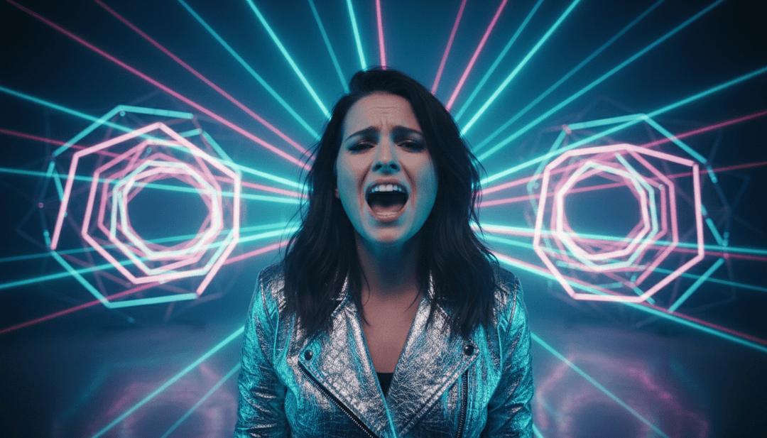 Dynamic visual showing synth waves transforming into colorful light patterns and a vocalist's silhouette surrounded by evolving digital art.