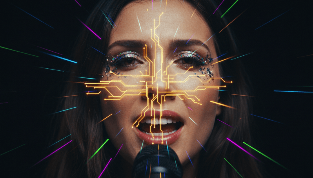 A user interacting with Freebeat.ai's interface, with a completed music video playing in the background, showing diverse visual styles.