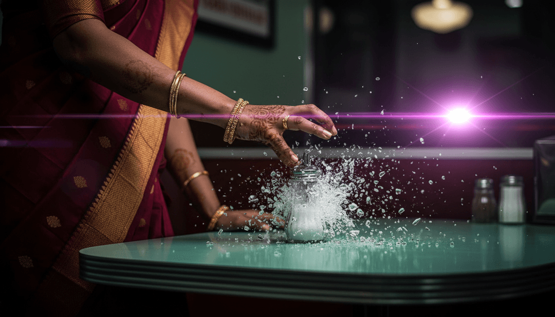 Una scena vibrante e onirica dove una rappresentazione digitale delle voci di Unnikrishnan e Bombay Jayashri emana onde visive dorate e scintillanti che creano scene dinamiche di stagni di fiori di loto, templi antichi e sari che ondeggiano dolcemente, illustrando l'interpretazione visiva dell'AI della musica.