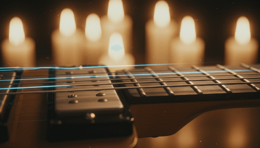 Une scène avec des visuels de métal en fusion s'entrelaçant avec des figures sombres, reflétant un puissant solo de guitare et des rythmes de batterie intenses.