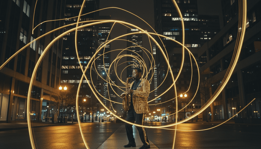 Une scène festive montrant le vidéoclip de Charleston généré par IA en cours de lecture sur un écran, avec des utilisateurs heureux au premier plan.