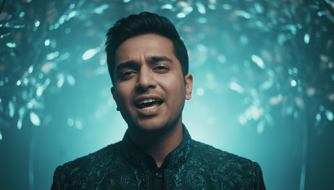 AI가 낭만적인 볼리우드 음악을 분석하여 생동감 넘치는 인도 배경에서 사랑에 빠지는 커플을 시각화합니다.