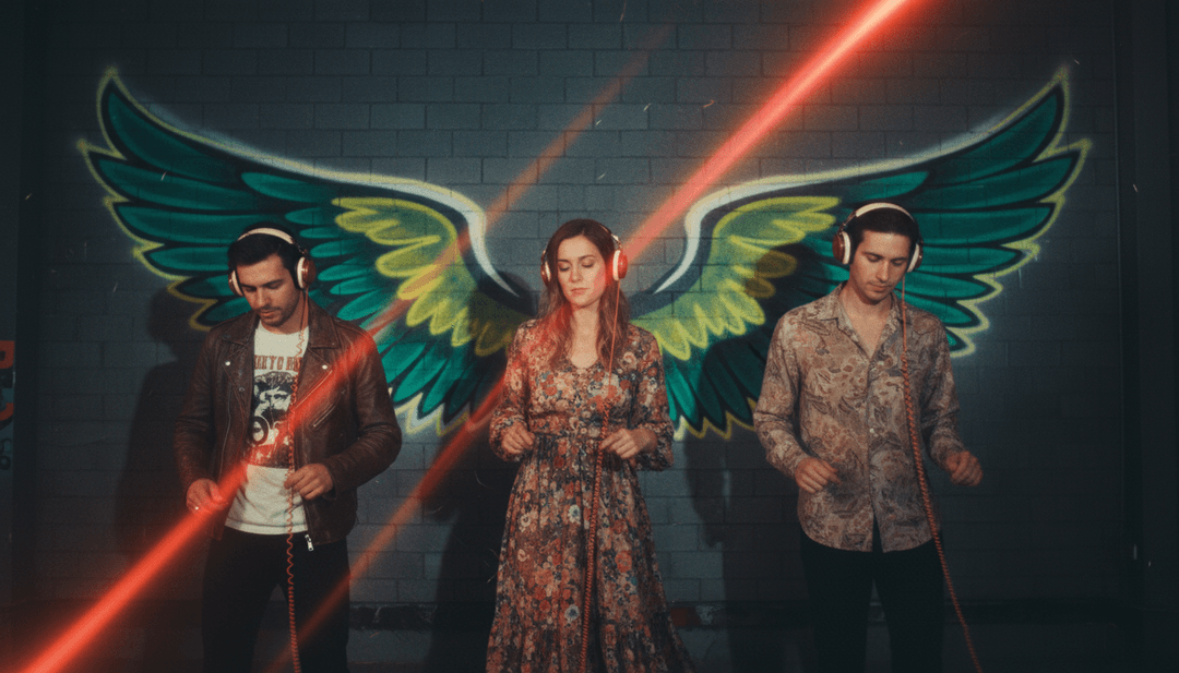 Rappresentazioni visive dinamiche di onde sonore che si trasformano in uccelli animati che volano attraverso una vivace scena forestale.