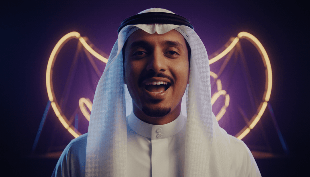 数字沙漠绿洲的动态视觉效果，将传统沙特图案与霓虹灯融合，与 'Yalla Yalla - Welcome to Saudi 34' 的活力节拍完美同步。