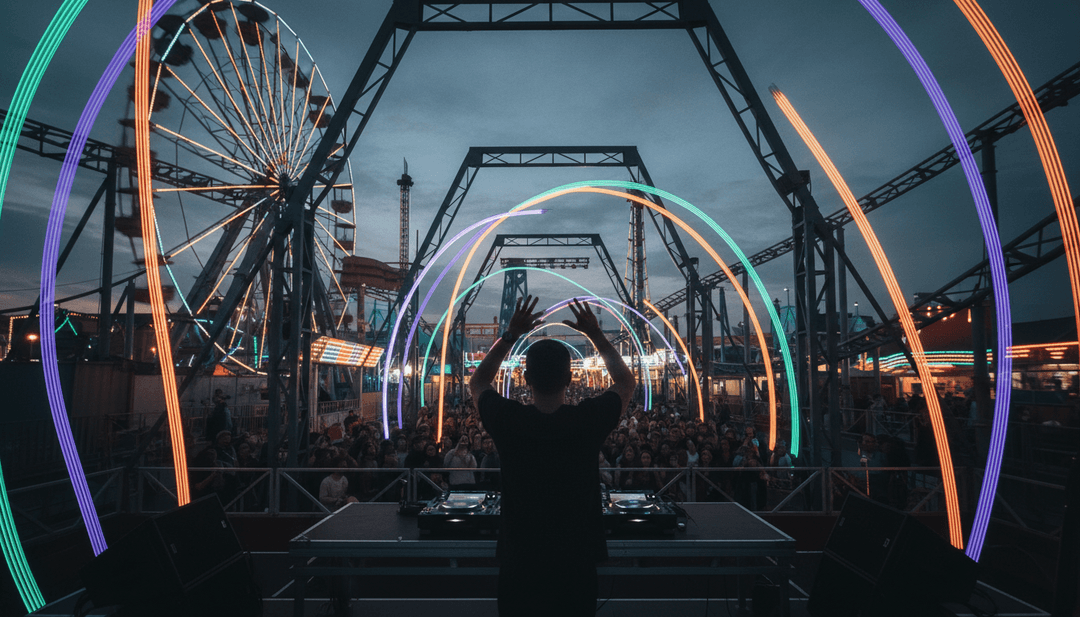 为 'Yalla Yalla - Welcome to Saudi 34' 生成的充满活力、已完成的AI音乐视频，展示现代阿拉伯建筑和充满活力的舞蹈序列，Freebeat.ai标志醒目。