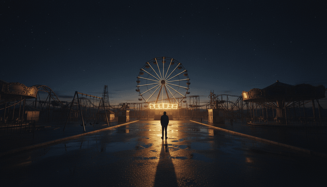 一位音乐家若有所思地看着平板电脑，上面显示着为'I Actually Come Back (Matthew's Edit) [Remastered]'制作的充满活力的AI生成音乐视频，其中freebeat.ai的界面可见，象征着用户赋能和创作自由。