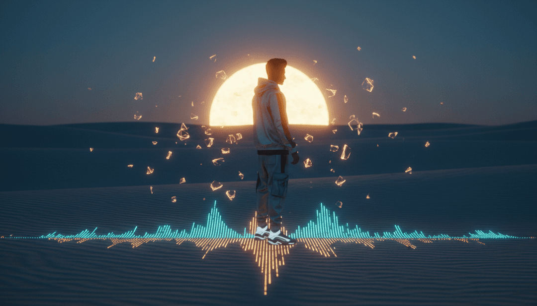 AI 正在分析代表 Dj Adil Khan 的 'Mashallah' 的彩色声波，背景中可见印度民族乐器和现代流行设计的视觉元素。