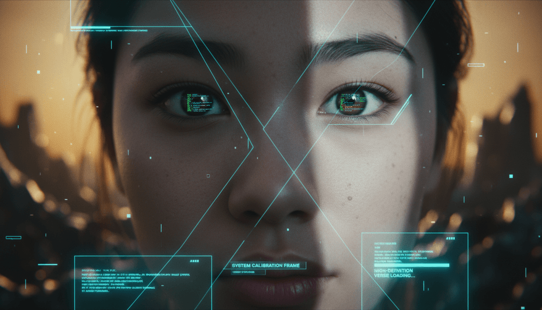 미래 지향적인 화면에 표시된 'Factory Reset'의 완성된 고품질 뮤직 비디오 프레임으로, 창의적인 도구와 웃는 콘텐츠 제작자들에게 둘러싸여 있습니다.