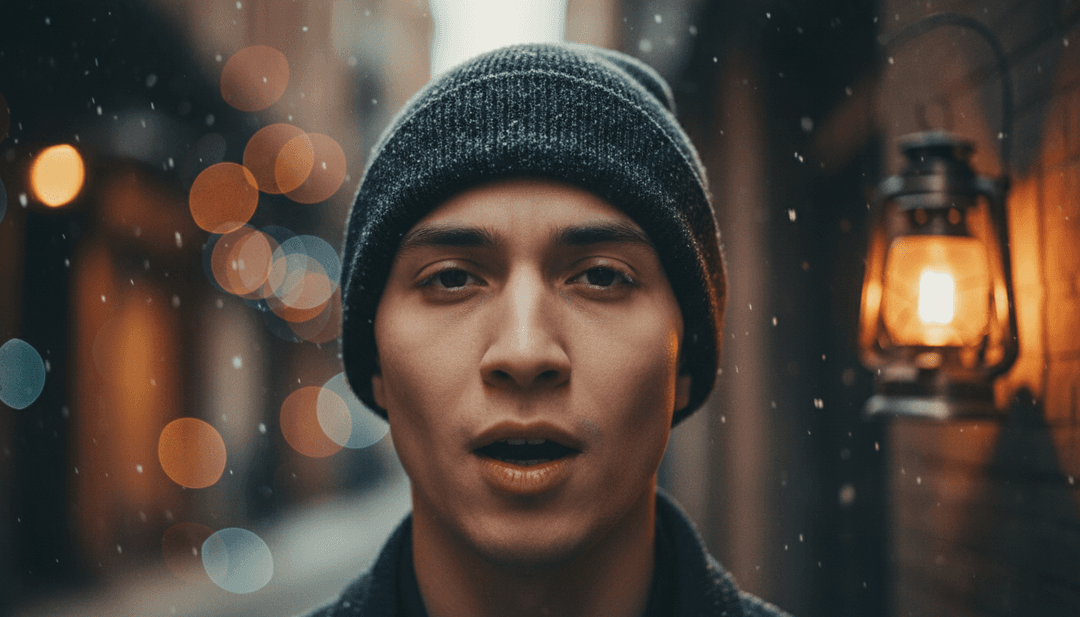 Dynamic visual representation of a rap artist performing against a backdrop of cityscapes and abstract light patterns, generated by AI from music.