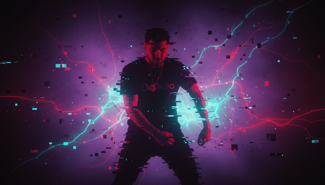 A dystopian city skyline transforming with powerful trap metal bass drops and ethereal figures representing emo rap melodies.