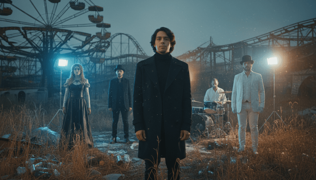 Dynamic visuals generated by `freebeat.ai` showing an astronaut's journey through a starry expanse, synchronized with rock guitar riffs and bluesy vocal inflections.