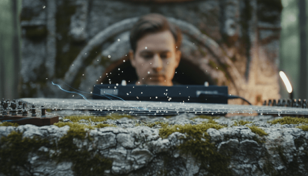 Conceptual art illustrating an AI system interpreting complex classical, ethnic, and soundtrack elements to visualize the song "Persia (The Atomic Era)," blending ancient motifs with modern energy.