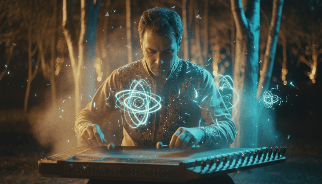 A vibrant montage showcasing the visual translation of "Persia (The Atomic Era)," featuring evolving landscapes, ancient architectural details, and symbolic atomic energy bursts, all dynamically synchronized with the song's classical and ethnic soundtrack.