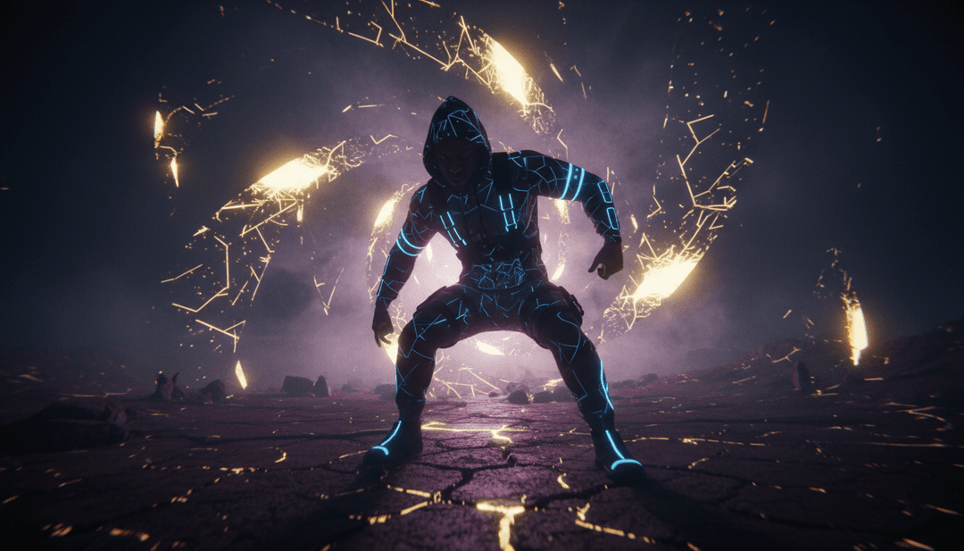 A mosaic of vibrant urban scenes, kinetic dance moves, and glowing light trails, depicting the conversion of afro-swing beats into dynamic visuals for 'Show Me'.