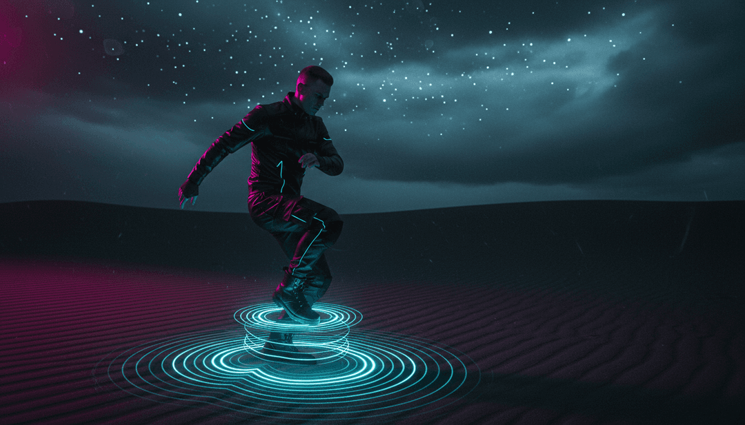 A vibrant, abstract representation of synth-pop, disco, and funk music waveforms transforming into energetic visual patterns.