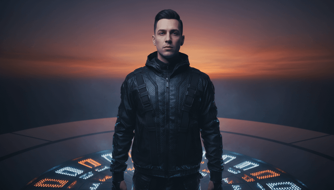 Dynamic AI-generated music video scene for 'Kiss & Tell', showing lyrical phrases appearing within an urban cityscape at night.