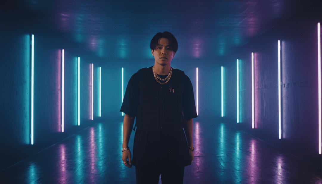 A glowing spectral figure dancing amidst neon-lit Tokyo streets, representing 999dobby's energy translated into visuals by AI.