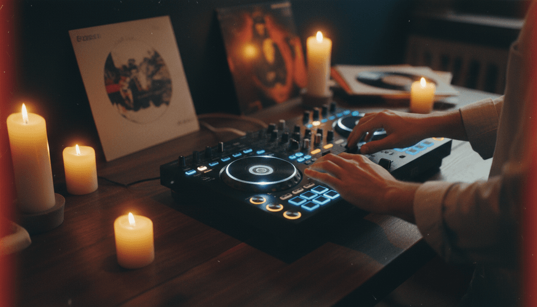 AI analyzing waveforms of 'It's my Heaven', surrounded by tropical island imagery and shimmering pop music notes, setting a dreamlike scene.