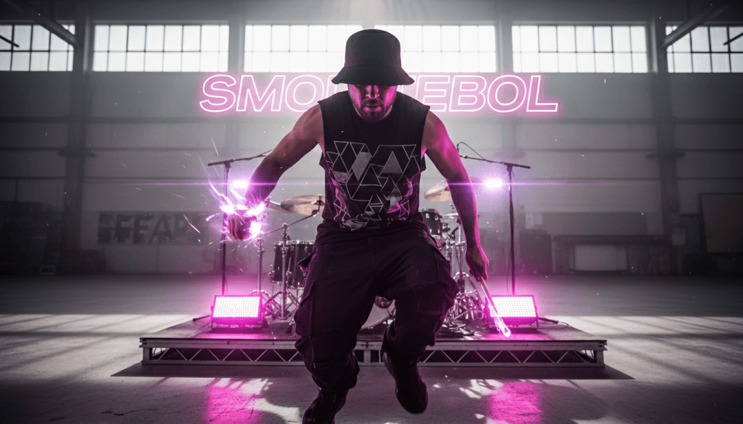 Dynamic music video scene featuring geometric shapes, neon lights, and shifting patterns, all synchronized to a powerful tech house beat.