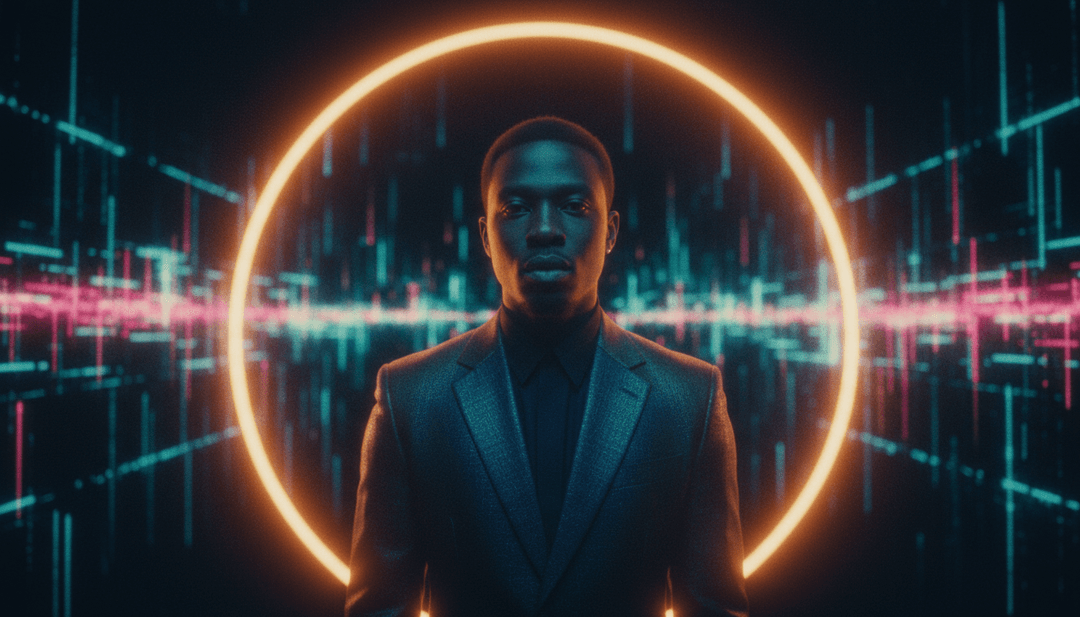 Visual representation of R&B synth waves and trap drum patterns turning into neon cityscapes and luxurious interiors.