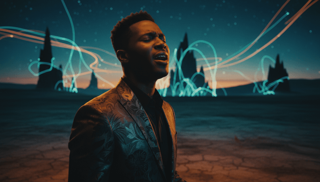 A neon-lit cityscape pulsating to a hip-hop beat, representing SANKHA ONE's "Mi lé" and AI analysis.