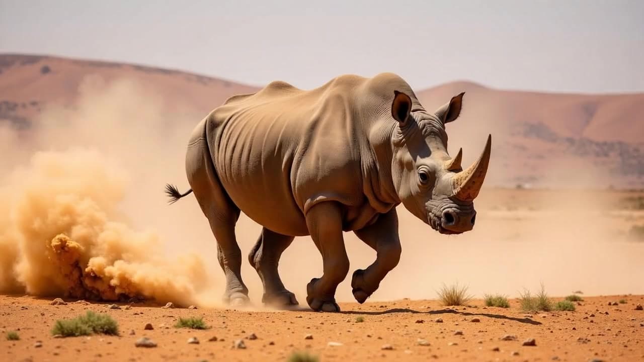 a rino is running in a desert 