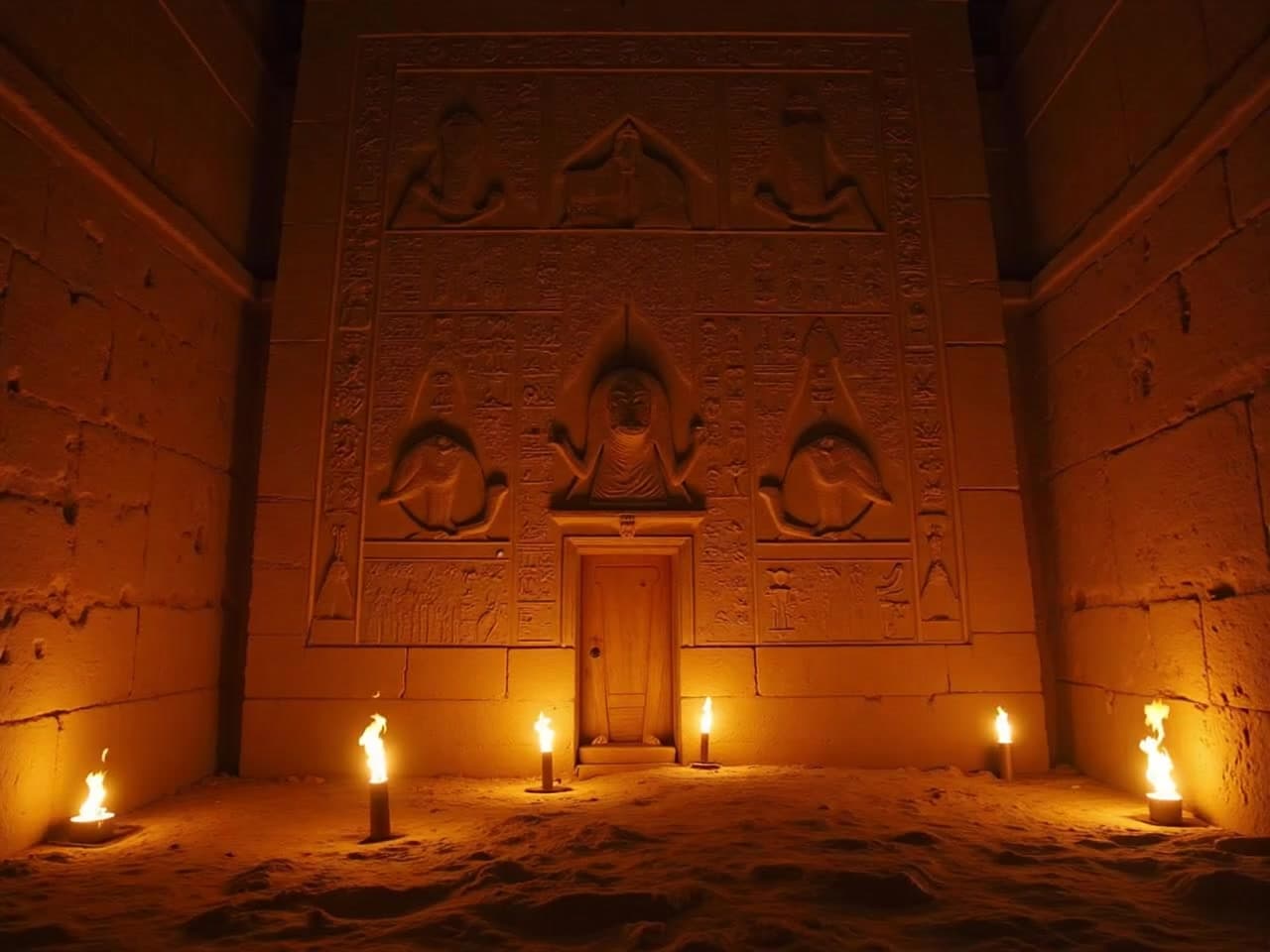 Ancient Egyptian hieroglyphs animate to show pharaohs conducting rituals, with torches flickering to life across temple walls in cinematic 4:3 aspect.