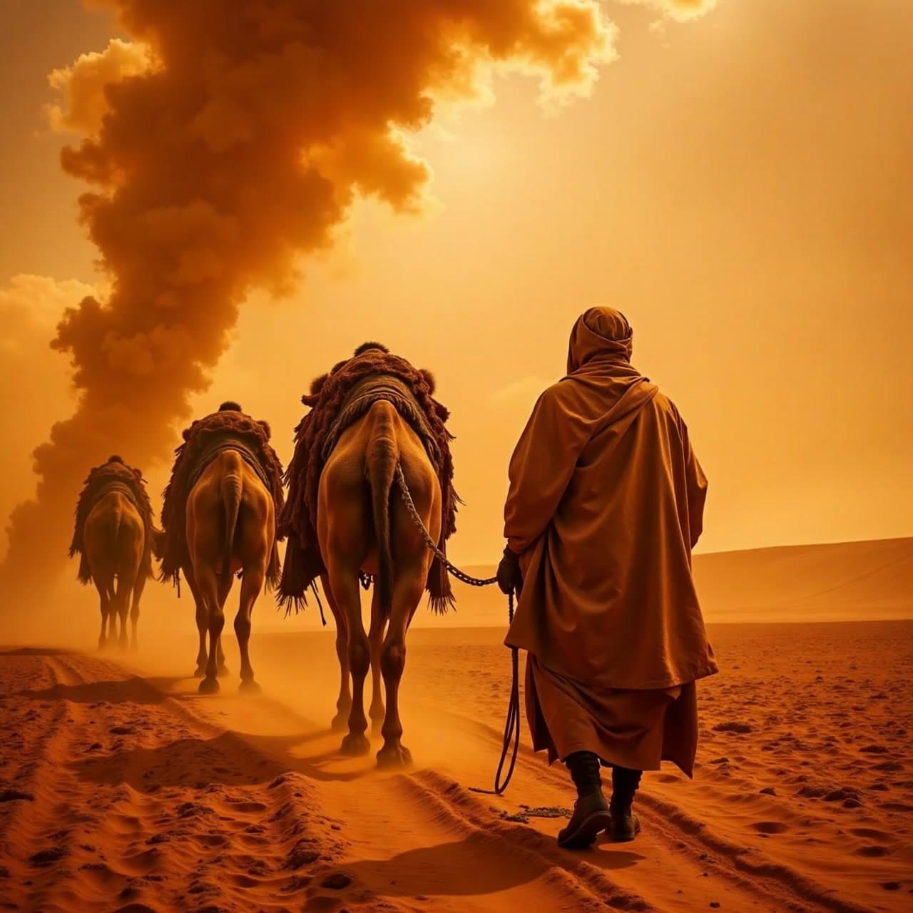 Desert caravan photograph evolves into a sandstorm sequence where camels navigate through swirling dune tornados under an apocalyptic orange sky.