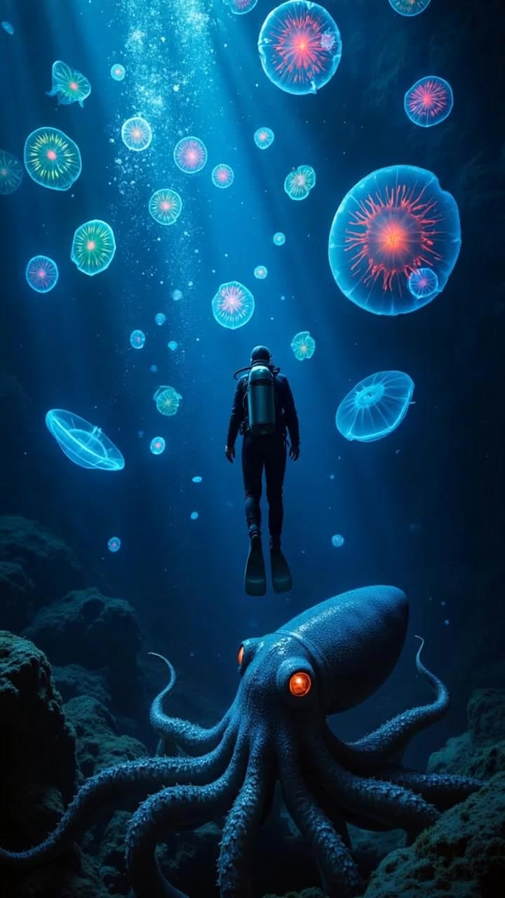 Deep-sea diver image transforms into bioluminescent jellyfish swarm, with a giant squid emerging from abyssal darkness in vertical frame.