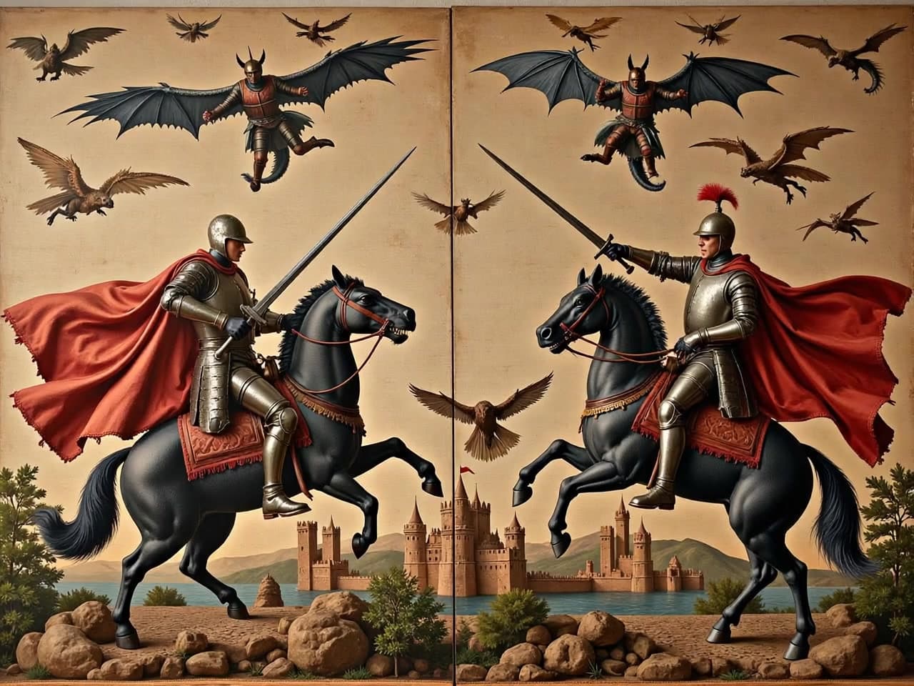 Medieval tapestry shows knights battling dragons that burst through the fabric into three-dimensional aerial combat above castle ramparts.