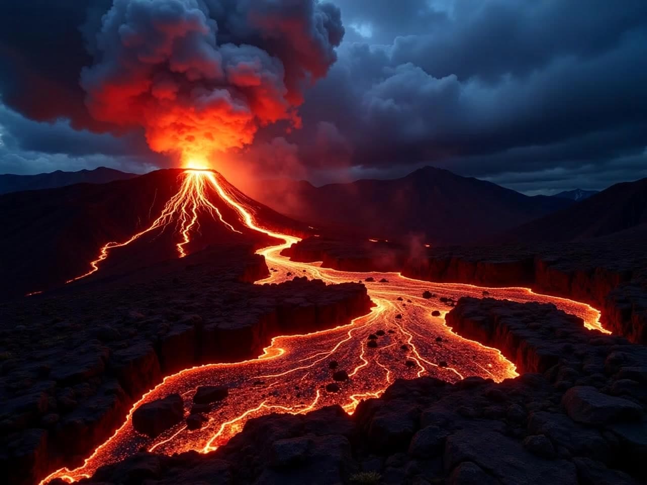 Aerial volcano image erupts with lava forming phoenix-shaped magma flows that illuminate night clouds in crimson hues.