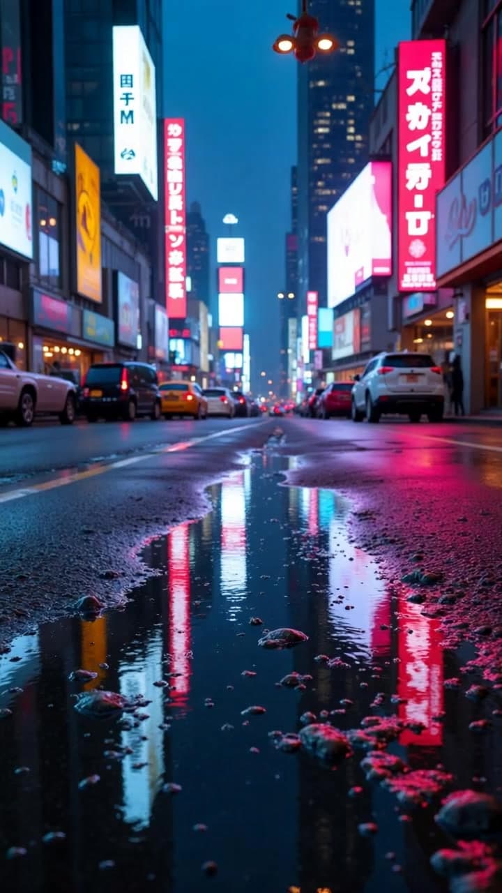 Neon street reflection puddle ripples to unveil cyberpunk cityscapes with flying cars ascending through rain-soaked vertical frames.