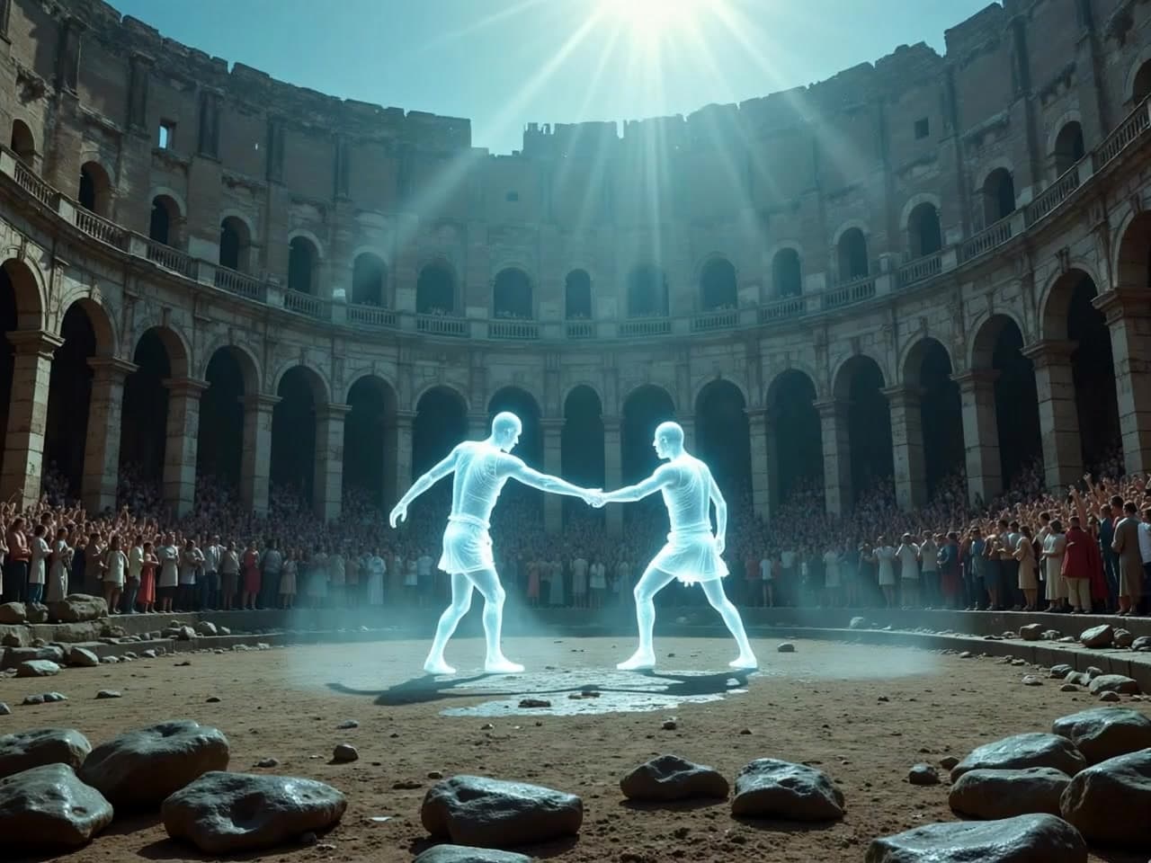 Colosseum ruins regenerate stone-by-stone, ghostly gladiators clashing as holographic crowds cheer in restored arena.