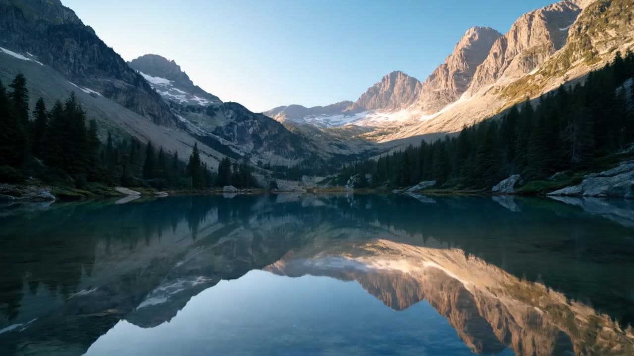 Animate a serene mountain lake whose surface turns into a magical portal, reflecting a parallel world where the landscape is reversed and fantastical.