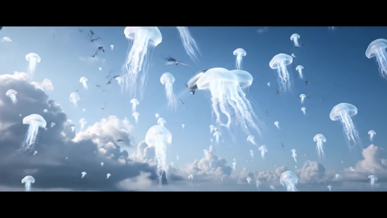 Visualize a sky filled with enormous, translucent jellyfish drifting among clouds, their tentacles trailing light as birds and airships navigate around them.