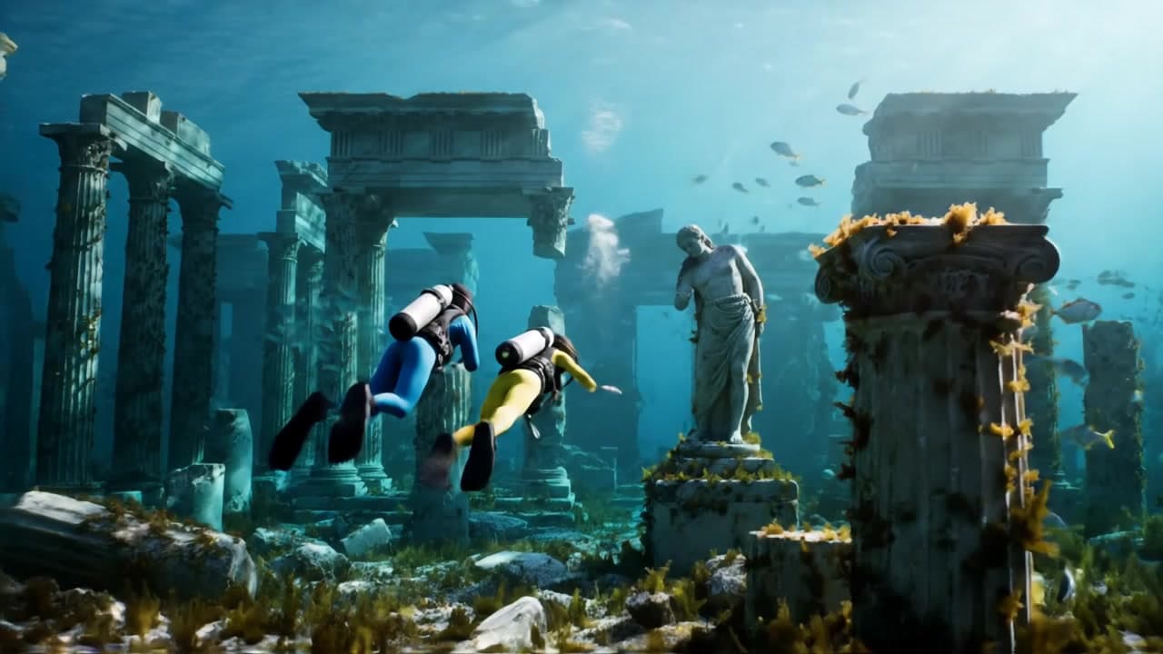 Show divers exploring the submerged ruins of a grand city, with marble statues covered in seaweed and schools of fish darting through sunken archways.
